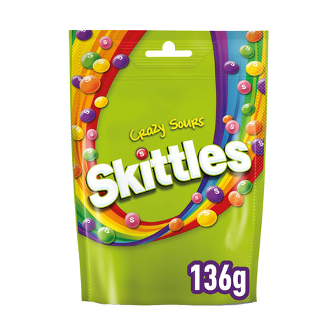 Skittles Vegan Chewy Crazy Sour Sweets Fruit Flavoured Pouch - 136g - British Snacks